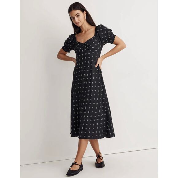 Madewell Black Petite Sweetheart Puff-Sleeve Midi Dress in Stardot Size 20W - Picture 1 of 11
